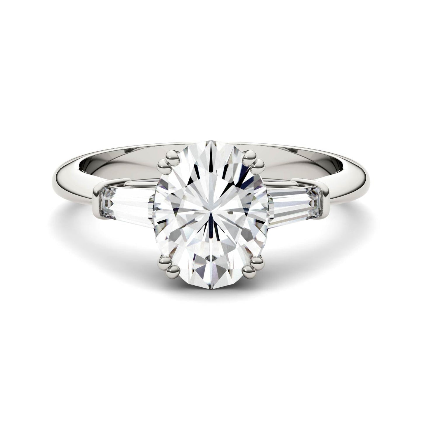 2.47 CTW DEW Oval Moissanite Three-Stone Engagement Ring in 14K White Gold