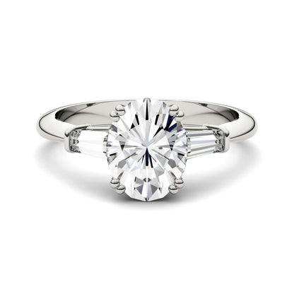 2.47 CTW DEW Oval Moissanite Three-Stone Engagement Ring in 14K White Gold