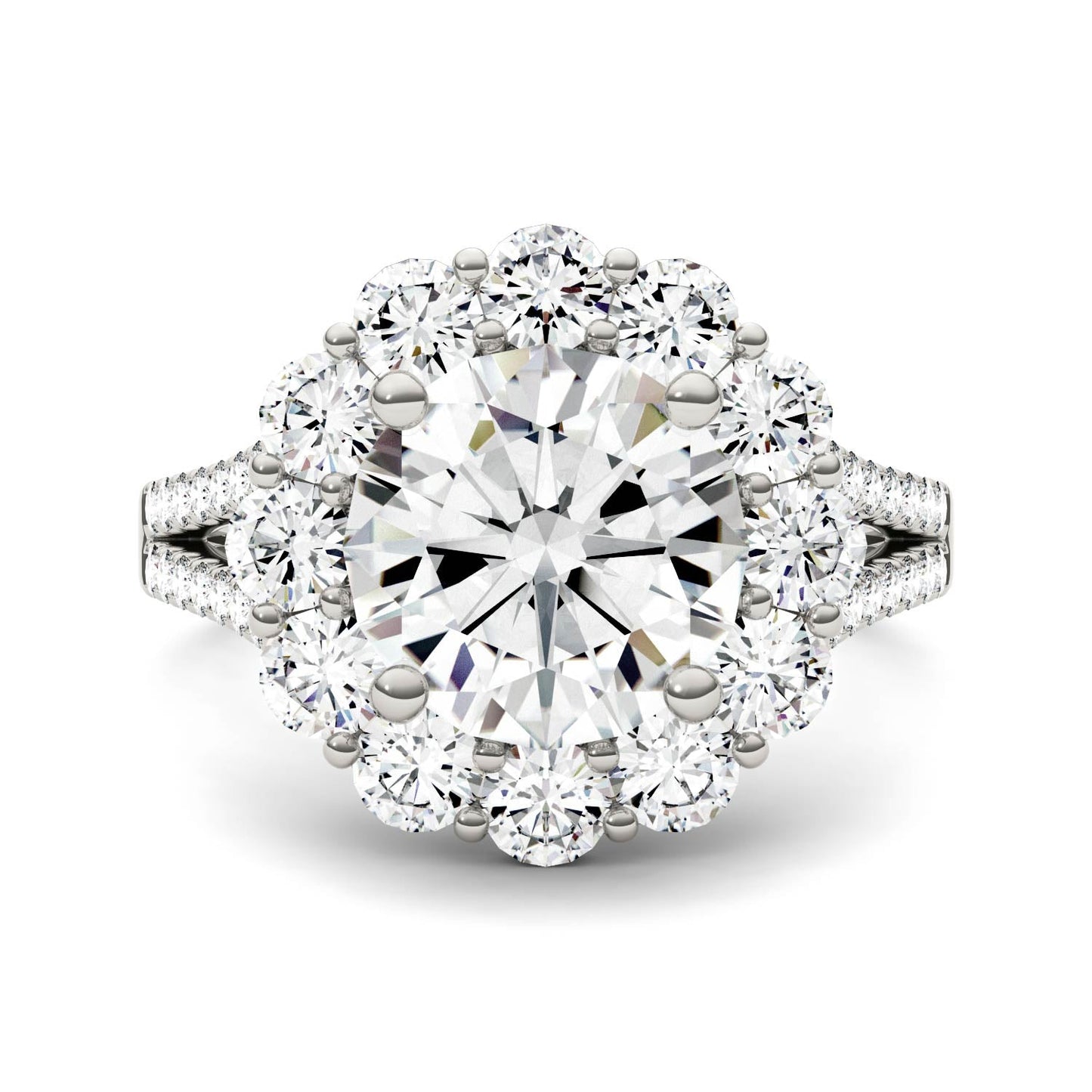 4.22 CTW DEW Round Moissanite Floral Halo Ring in 14K White Gold