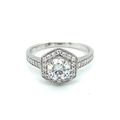 1.10 CTW DEW Round Moissanite Geometric Halo Engagement Ring in 14K White Gold