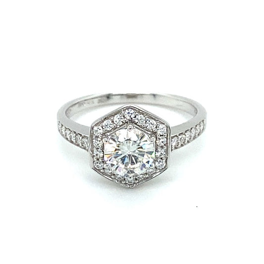 1.10 CTW DEW Round Moissanite Geometric Halo Engagement Ring in 14K White Gold