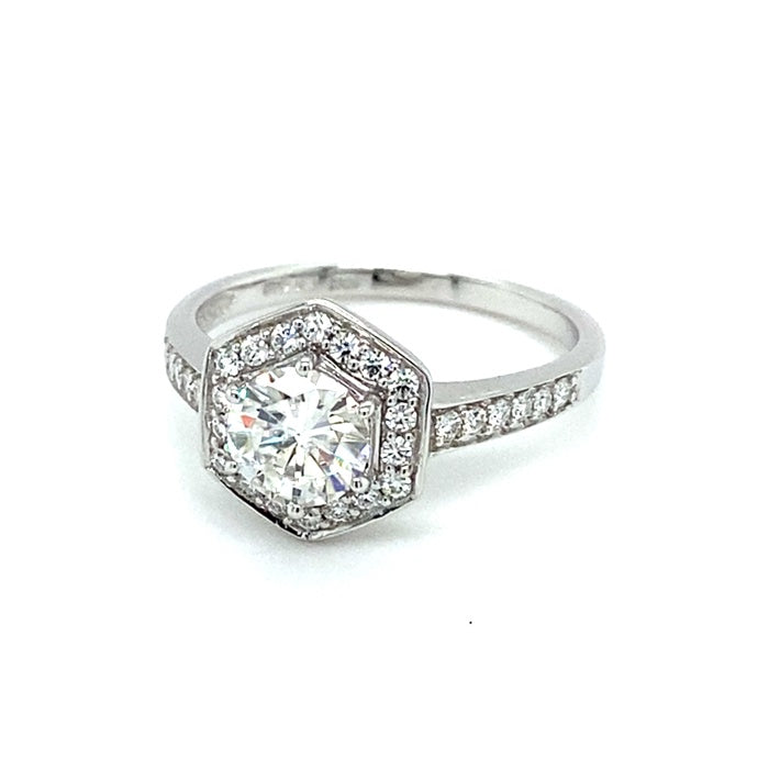 1.10 CTW DEW Round Moissanite Geometric Halo Engagement Ring in 14K White Gold