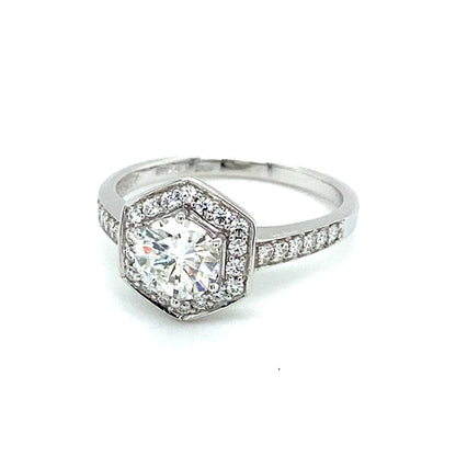 1.10 CTW DEW Round Moissanite Geometric Halo Engagement Ring in 14K White Gold