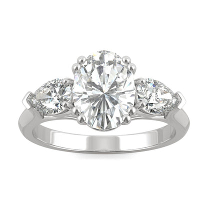 2.96 CTW DEW Oval Moissanite Three-Stone Engagement Ring in 14K White Gold