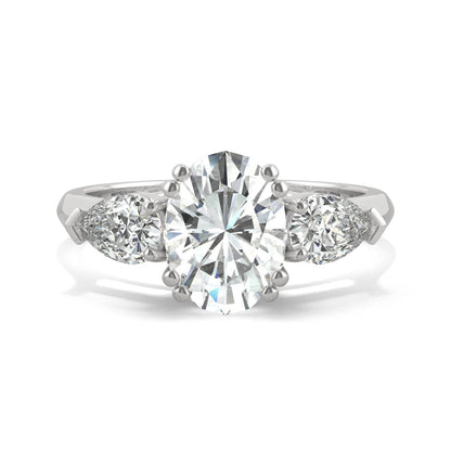 2.96 CTW DEW Oval Moissanite Three-Stone Engagement Ring in 14K White Gold