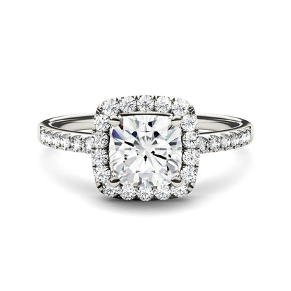 1.40 CTW DEW Cushion Moissanite Side-Stone Halo Engagement Ring in 14K White Gold