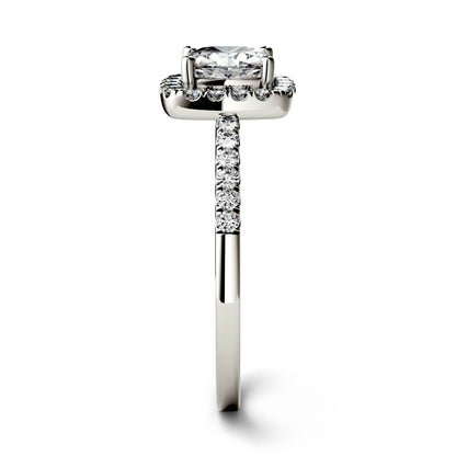 1.40 CTW DEW Cushion Moissanite Side-Stone Halo Engagement Ring in 14K White Gold