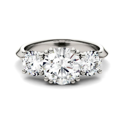 3.10 CTW DEW Round Moissanite Three-Stone Ring in 14K White Gold