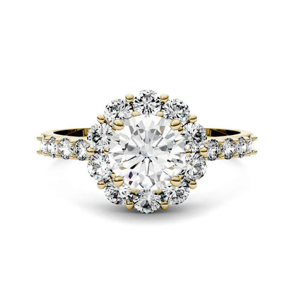1.78 CTW DEW Round Moissanite Halo Ring in 14K Yellow Gold
