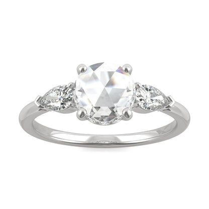 1.08 CTW DEW Round Rose-Cut and Pear Moissanite East-West Three-Stone Engagement Ring in 14K White Gold