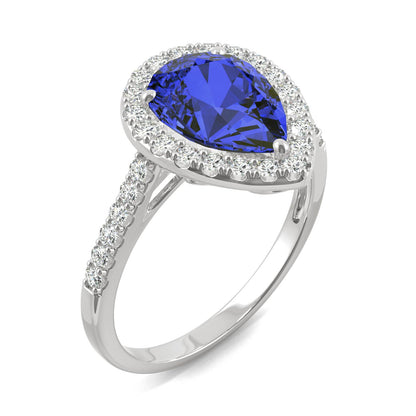 2.98 CTW DEW Pear Sapphire Halo Ring in 14K White Gold