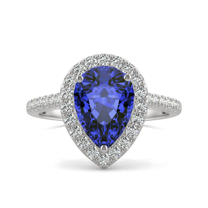 2.98 CTW DEW Pear Sapphire Halo Ring in 14K White Gold