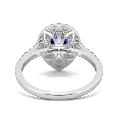 2.98 CTW DEW Pear Sapphire Halo Ring in 14K White Gold