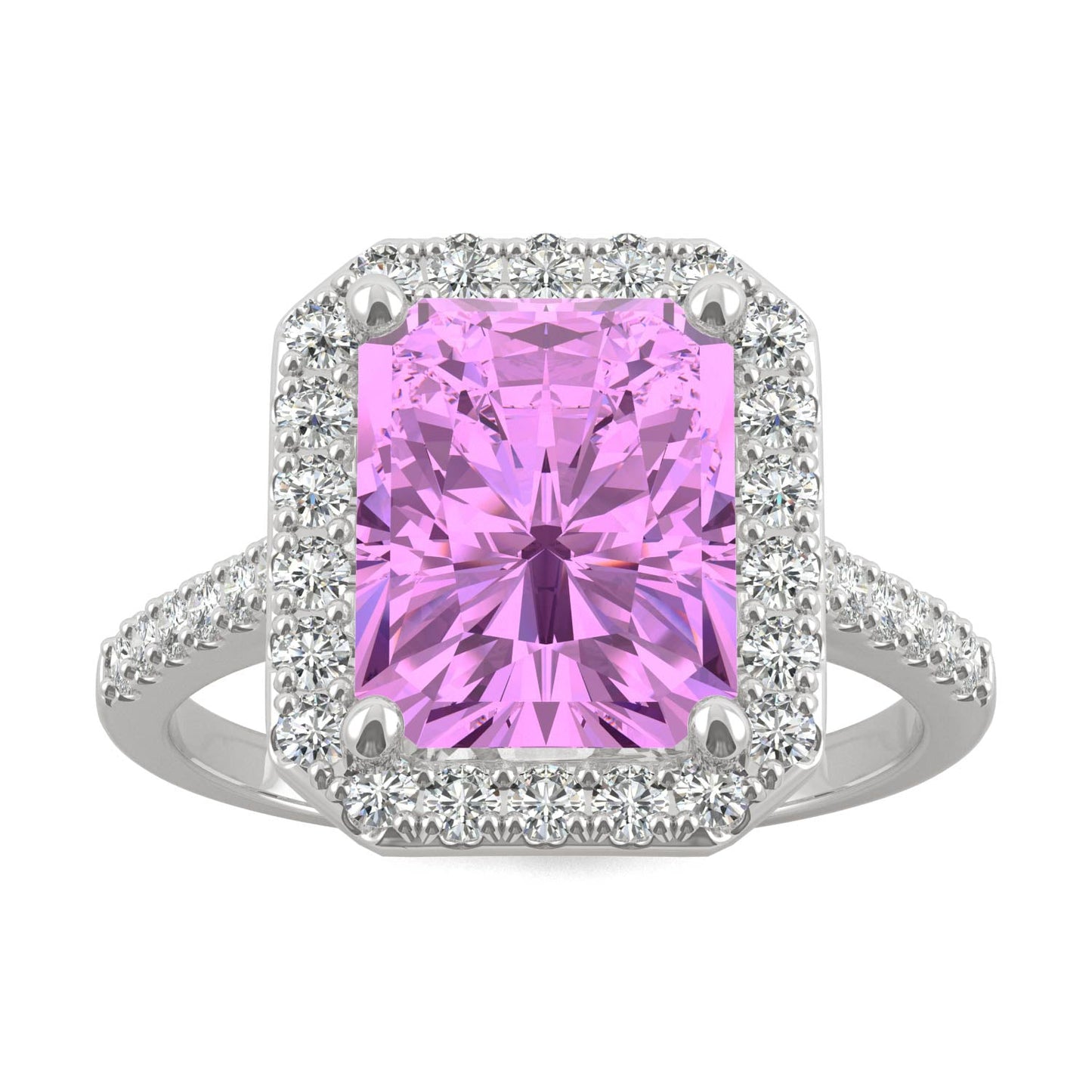 4.51 CTW DEW Radiant Created Pink Sapphire Halo Ring in 14K White Gold