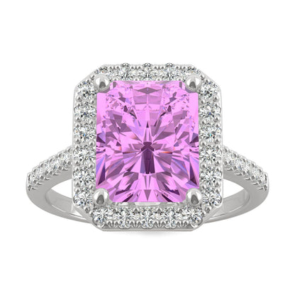 4.51 CTW DEW Radiant Created Pink Sapphire Halo Ring in 14K White Gold