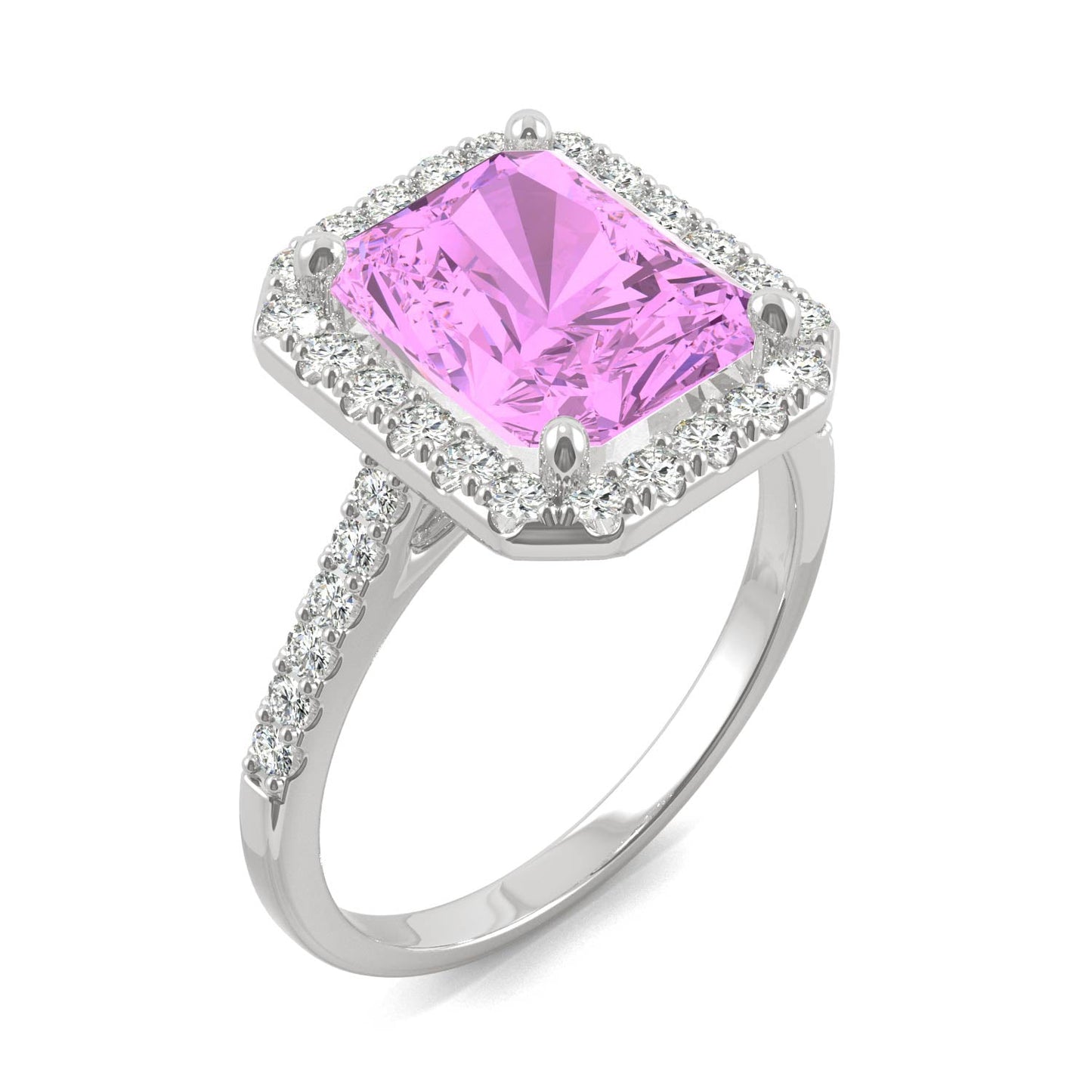 4.51 CTW DEW Radiant Created Pink Sapphire Halo Ring in 14K White Gold