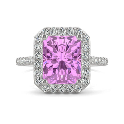 4.51 CTW DEW Radiant Created Pink Sapphire Halo Ring in 14K White Gold