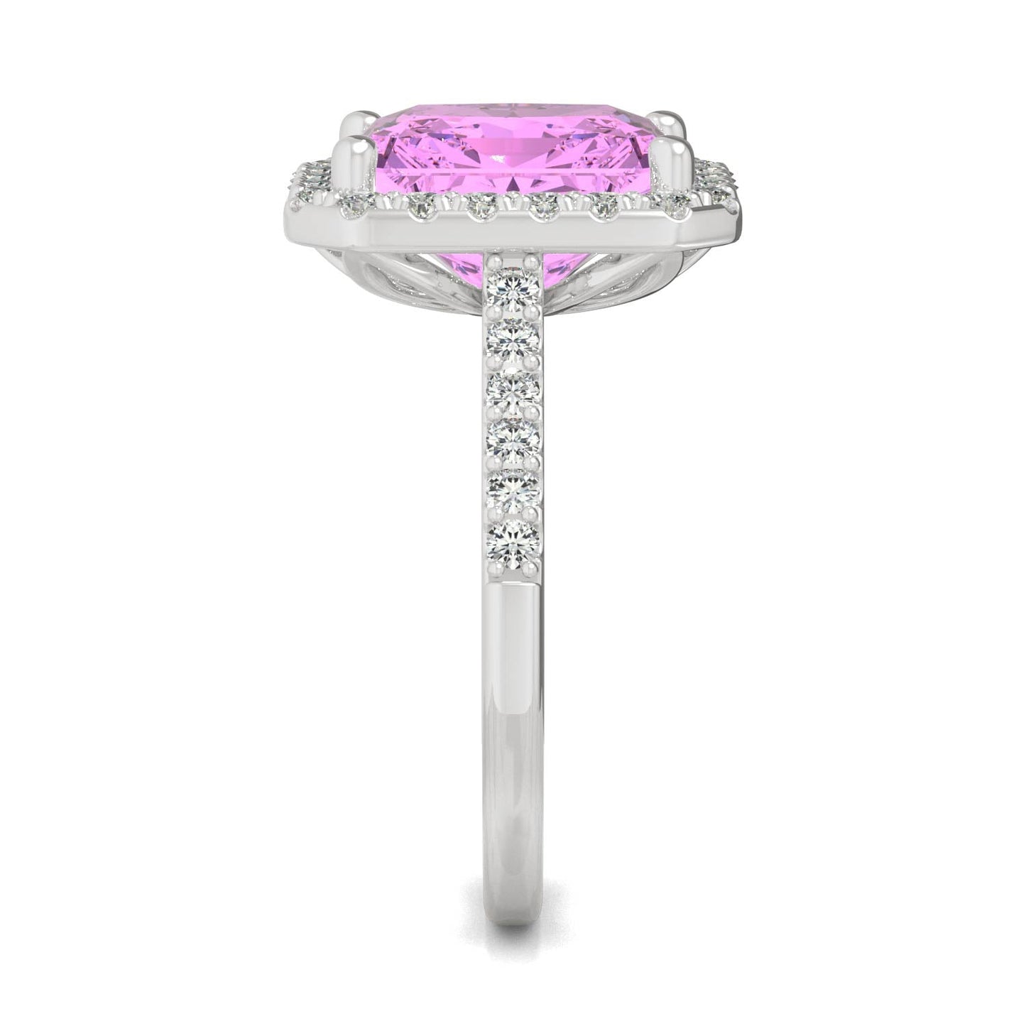 4.51 CTW DEW Radiant Created Pink Sapphire Halo Ring in 14K White Gold