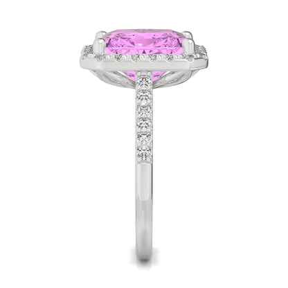 4.51 CTW DEW Radiant Created Pink Sapphire Halo Ring in 14K White Gold