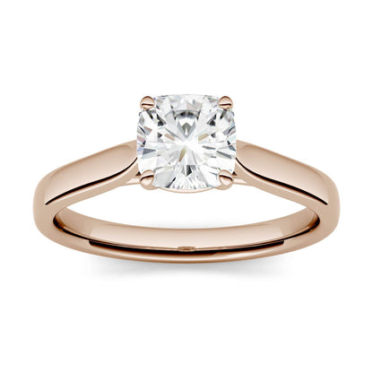 1.10 CTW DEW Cushion Moissanite Cathedral Solitaire Engagement Ring in 14K Rose Gold