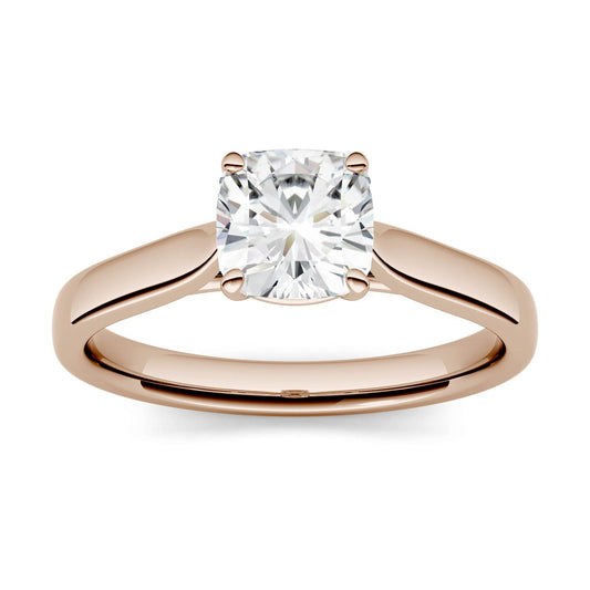 1.10 CTW DEW Cushion Moissanite Cathedral Solitaire Engagement Ring in 14K Rose Gold