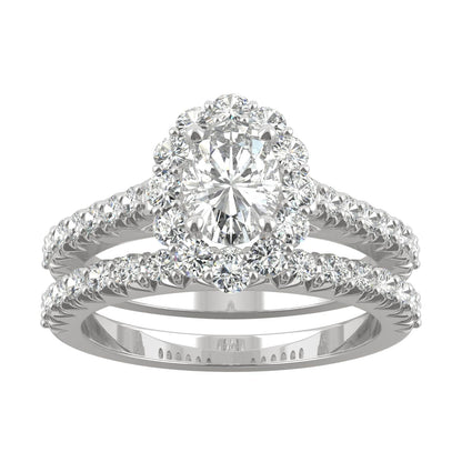 1.88 CTW DEW Oval Moissanite Halo Bridal Set in 14K White Gold