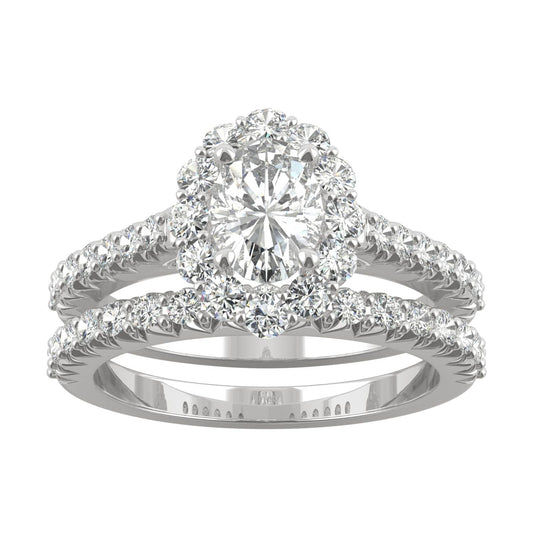 1.88 CTW DEW Oval Moissanite Halo Bridal Set in 14K White Gold