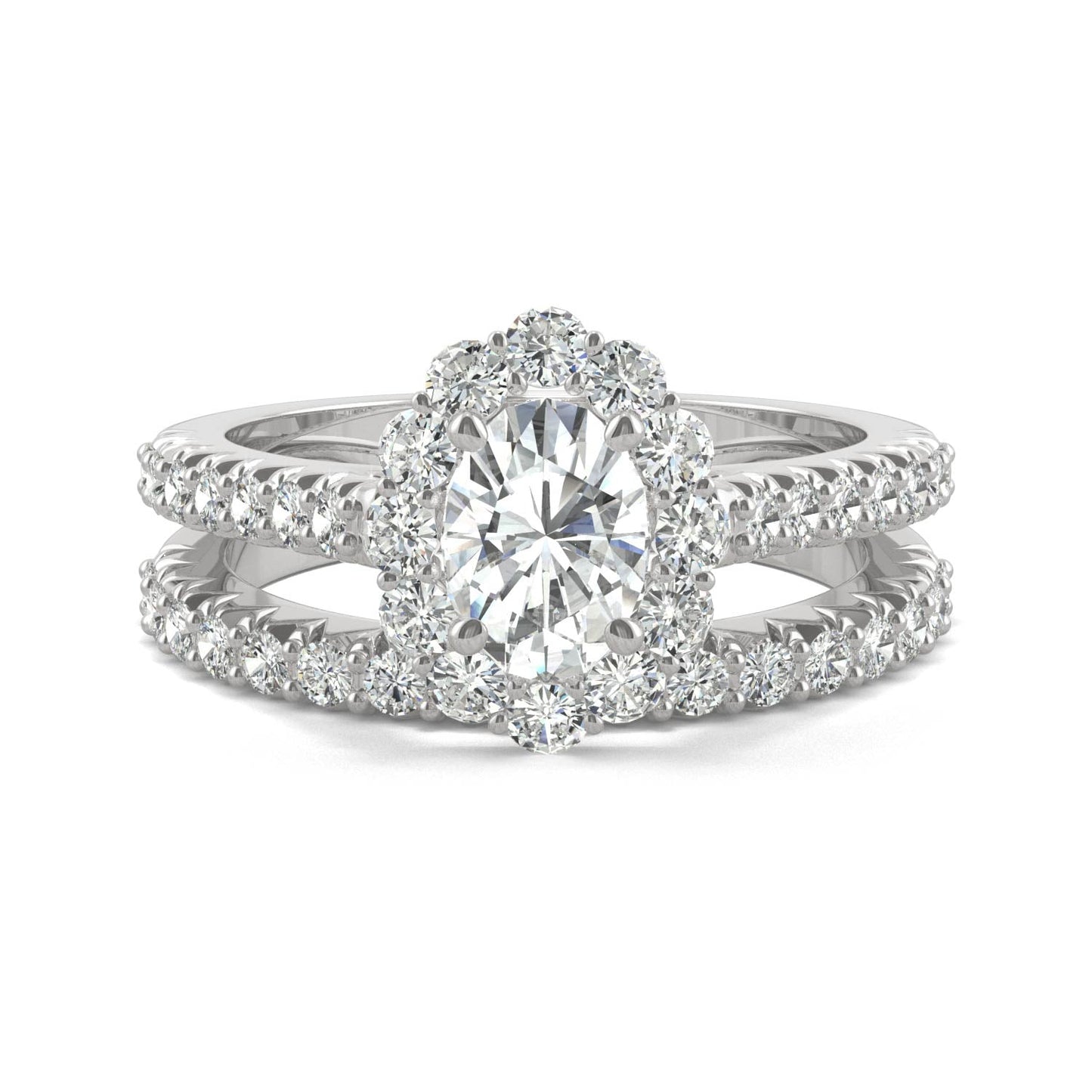 1.88 CTW DEW Oval Moissanite Halo Bridal Set in 14K White Gold