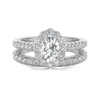 1.88 CTW DEW Oval Moissanite Halo Bridal Set in 14K White Gold