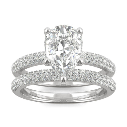 2.54 CTW DEW Pear Side-Stone Moissanite Bridal Set in 14K White Gold