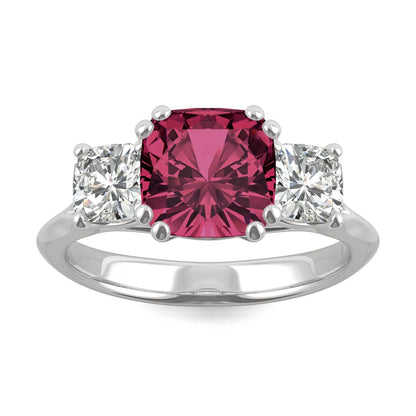 1.00 CTW DEW Cushion Ruby Three-Stone Ring in 14K White Gold