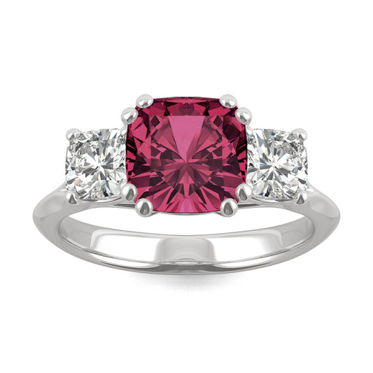 1.00 CTW DEW Cushion Ruby Three-Stone Ring in 14K White Gold