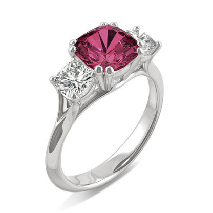 1.00 CTW DEW Cushion Ruby Three-Stone Ring in 14K White Gold