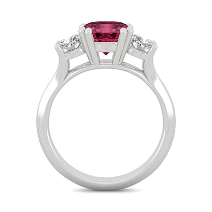 1.00 CTW DEW Cushion Ruby Three-Stone Ring in 14K White Gold