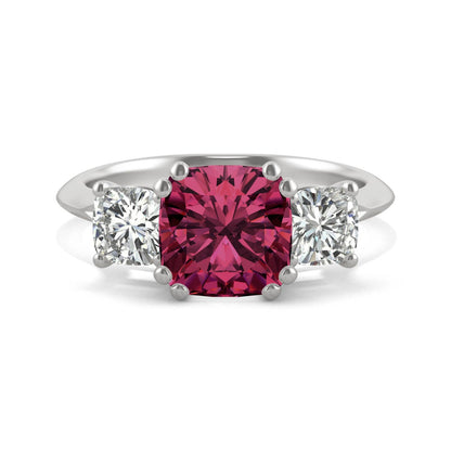 1.00 CTW DEW Cushion Ruby Three-Stone Ring in 14K White Gold