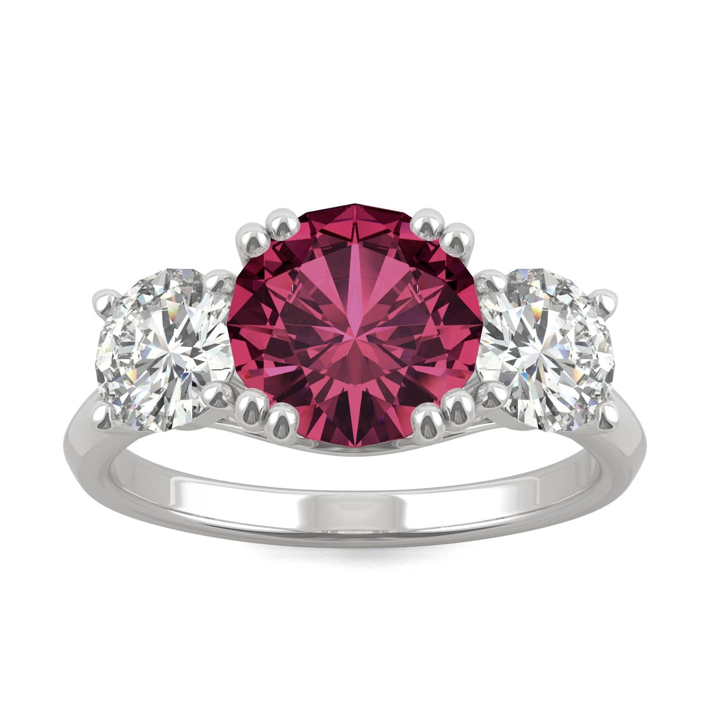 3.90 CTW DEW Round Ruby Three-Stone Ring in 14K White Gold