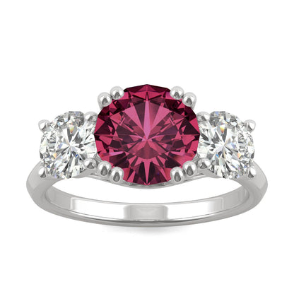 3.90 CTW DEW Round Ruby Three-Stone Ring in 14K White Gold