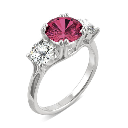3.90 CTW DEW Round Ruby Three-Stone Ring in 14K White Gold