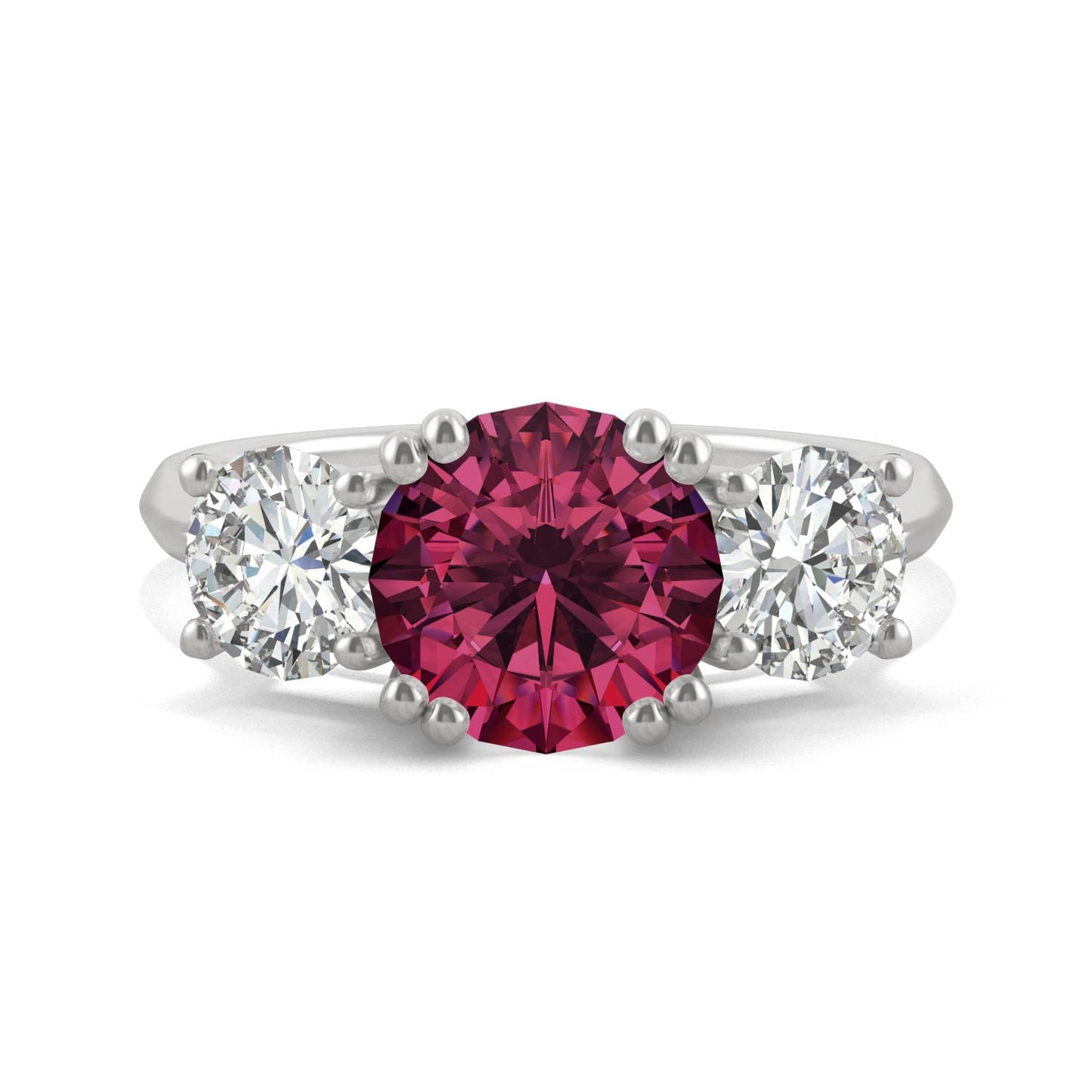 3.90 CTW DEW Round Ruby Three-Stone Ring in 14K White Gold
