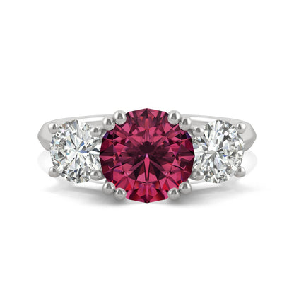 3.90 CTW DEW Round Ruby Three-Stone Ring in 14K White Gold
