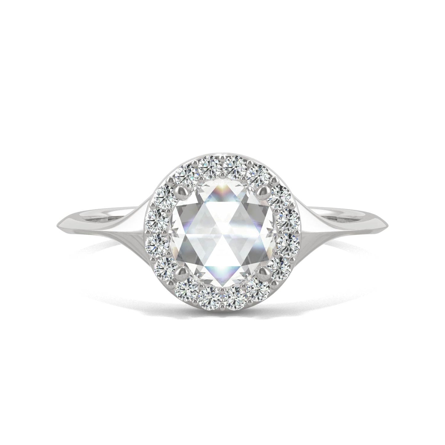 0.60 CTW DEW Round Rose-Cut Moissanite Halo Ring in 14K White Gold