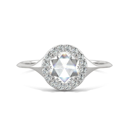 0.60 CTW DEW Round Rose-Cut Moissanite Halo Ring in 14K White Gold