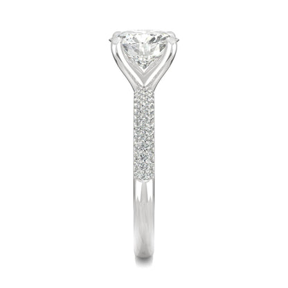 2.11 CTW DEW Round Moissanite Pave Side-Stone Engagement Ring in 14K White Gold