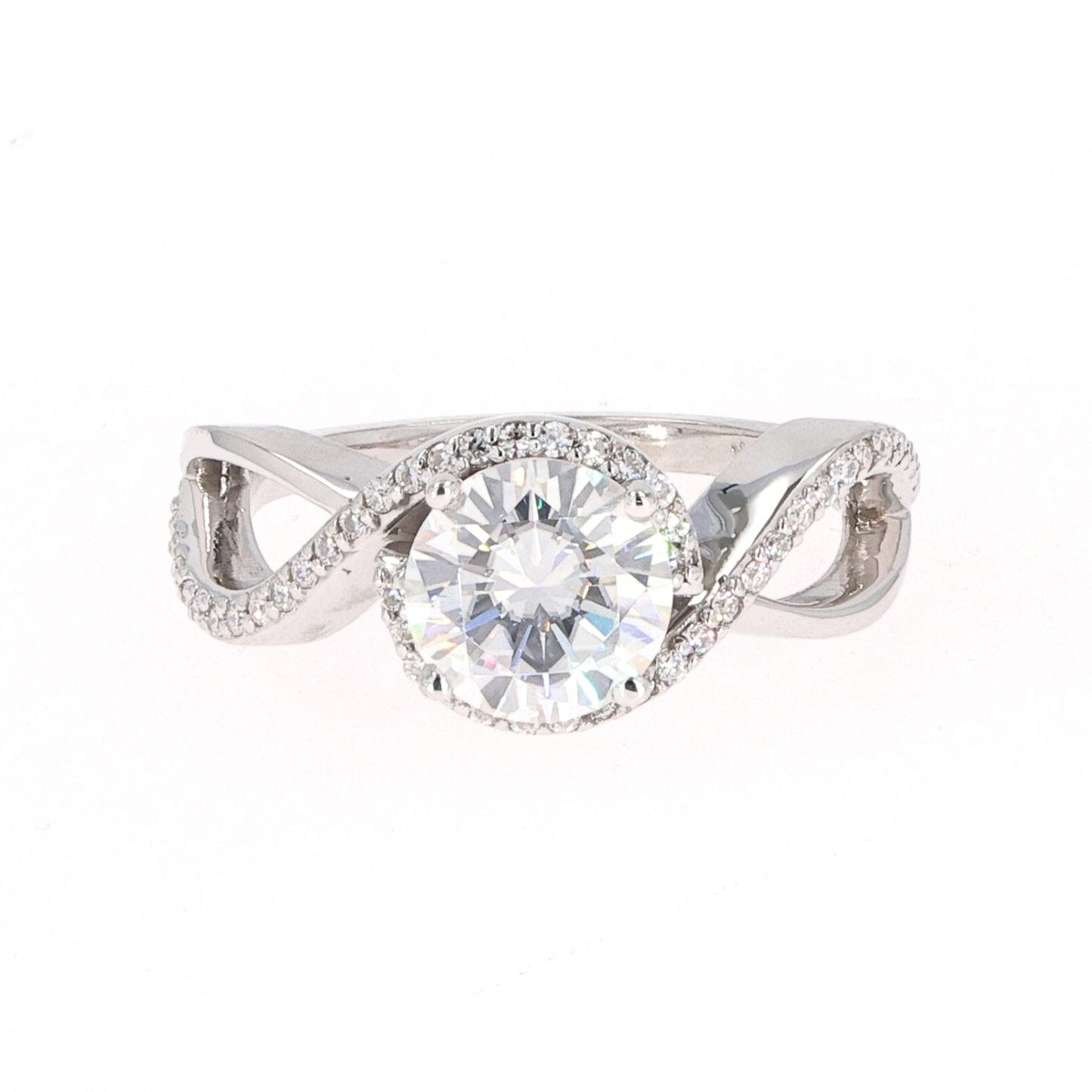 1.75 CTW DEW Round Moissanite Twist Solitaire With Accents Engagement Ring in 14K White Gold