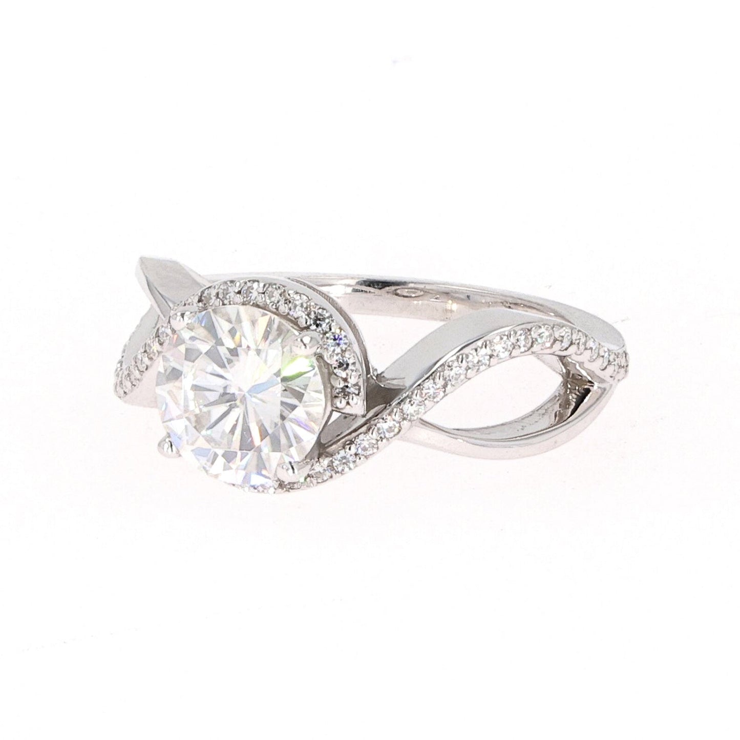 1.75 CTW DEW Round Moissanite Twist Solitaire With Accents Engagement Ring in 14K White Gold