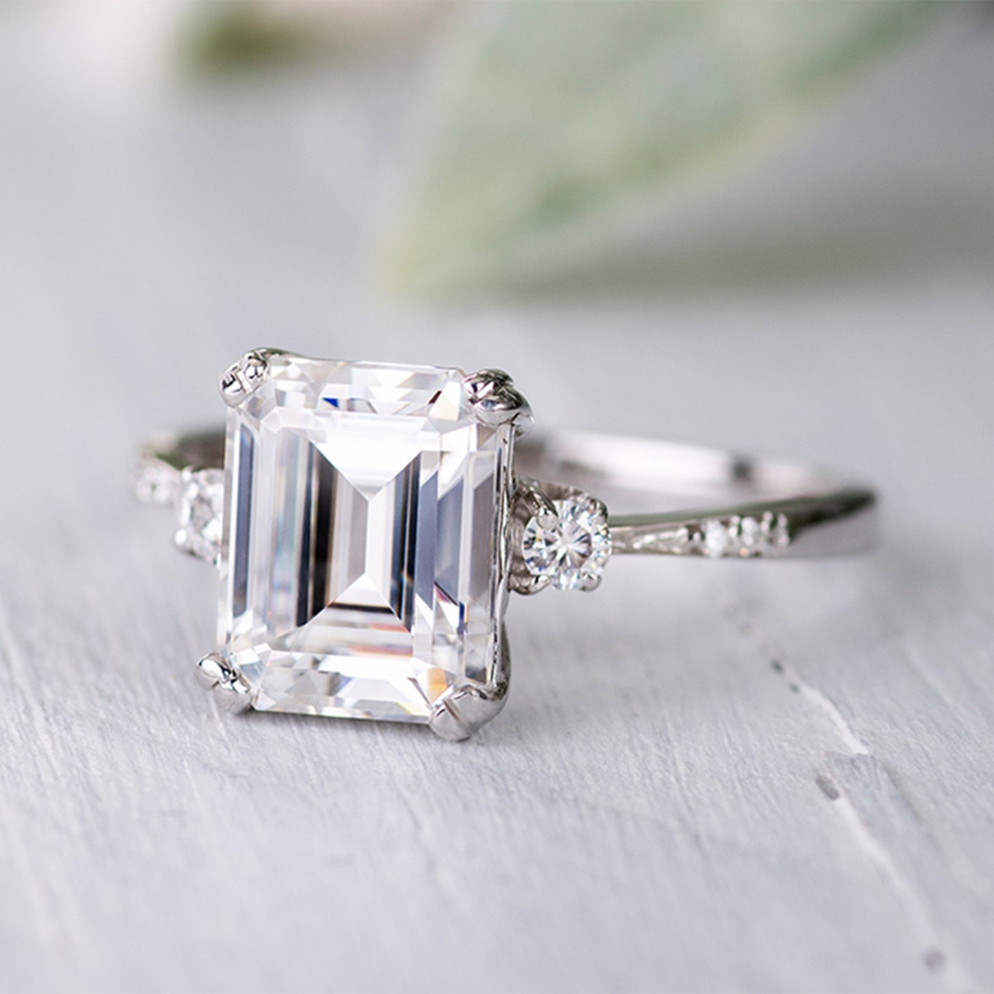 3.69 CTW DEW Emerald Moissanite Basket Ring in 14K White Gold