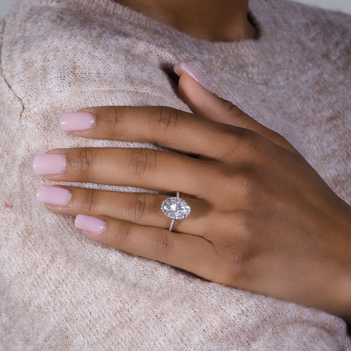 4.75 CTW DEW Elongated Oval Moissanite Halo Ring in 14K Yellow Gold